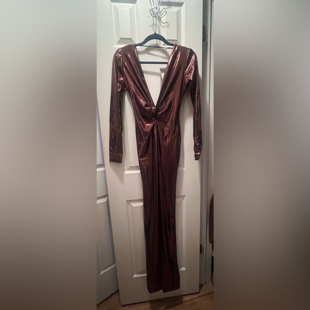 Oh Polly Metallic Brown Long Sleeve Dress